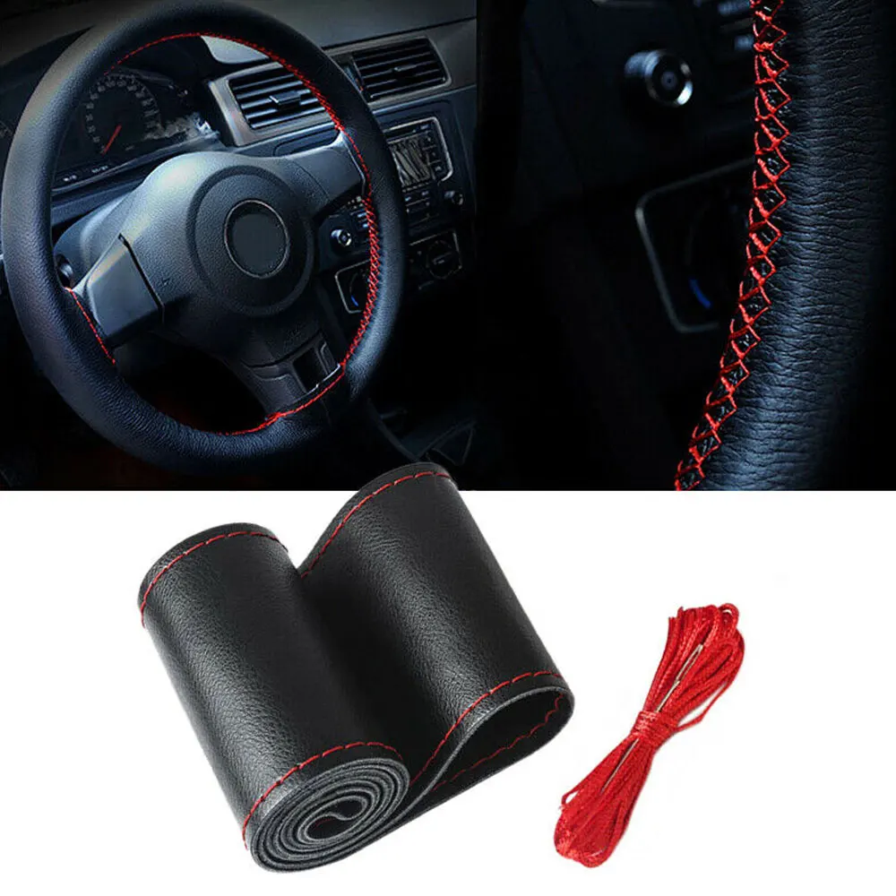 

Genuine Leather Steering Wheel Cover Breathable Comfortable DIY Hand Sewing Auto Steering-Wheel Braid Case Fit Car SUV