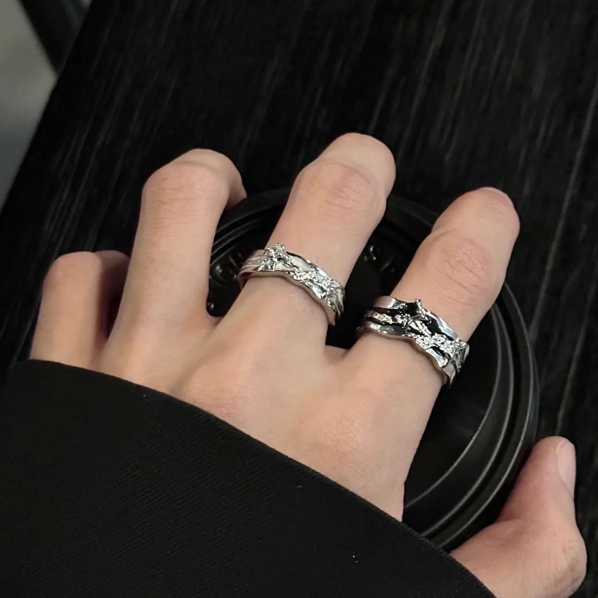 

PANJBJ 925 Sterling Silver Zircon Star Ring For Women Irregular Design Drip Glaze Punk Adjustable Jewelry Gift Dropshipping