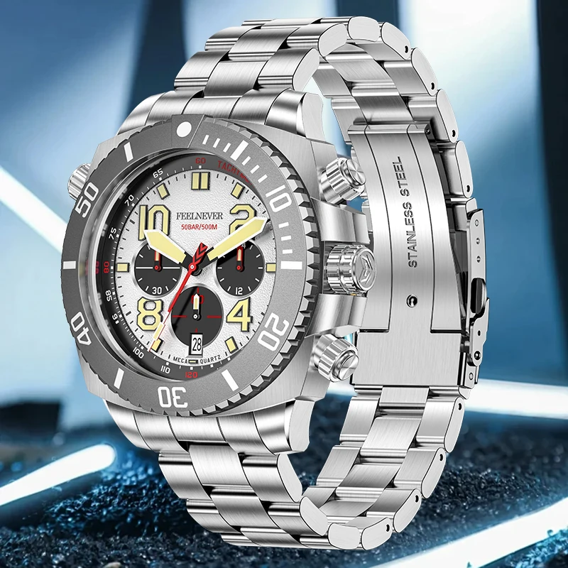 FeelNever Luxury Casual Sport Quartz Man Watch 316L Stainless Steel Sapphire Crystal Waterproof Automatic Movement Watches VK63 view 3