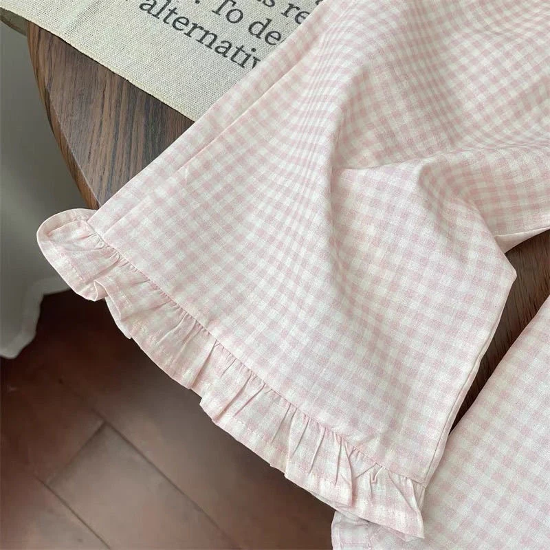 Girls Summer Clothes New Fashion Korean Style Baby Girls Short Sleeve T-Shirt Tops Comfortable Plaid Lace Wide Leg Pants image 6
