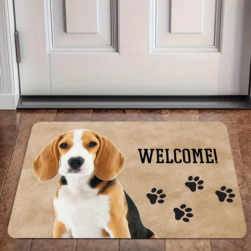 

ДОБРОПОЛУЧИТЕСЬ!" Коврик для прихожей с принтом щенка и отпечатков лап, фланелевый, нескользящий, машинной работы.