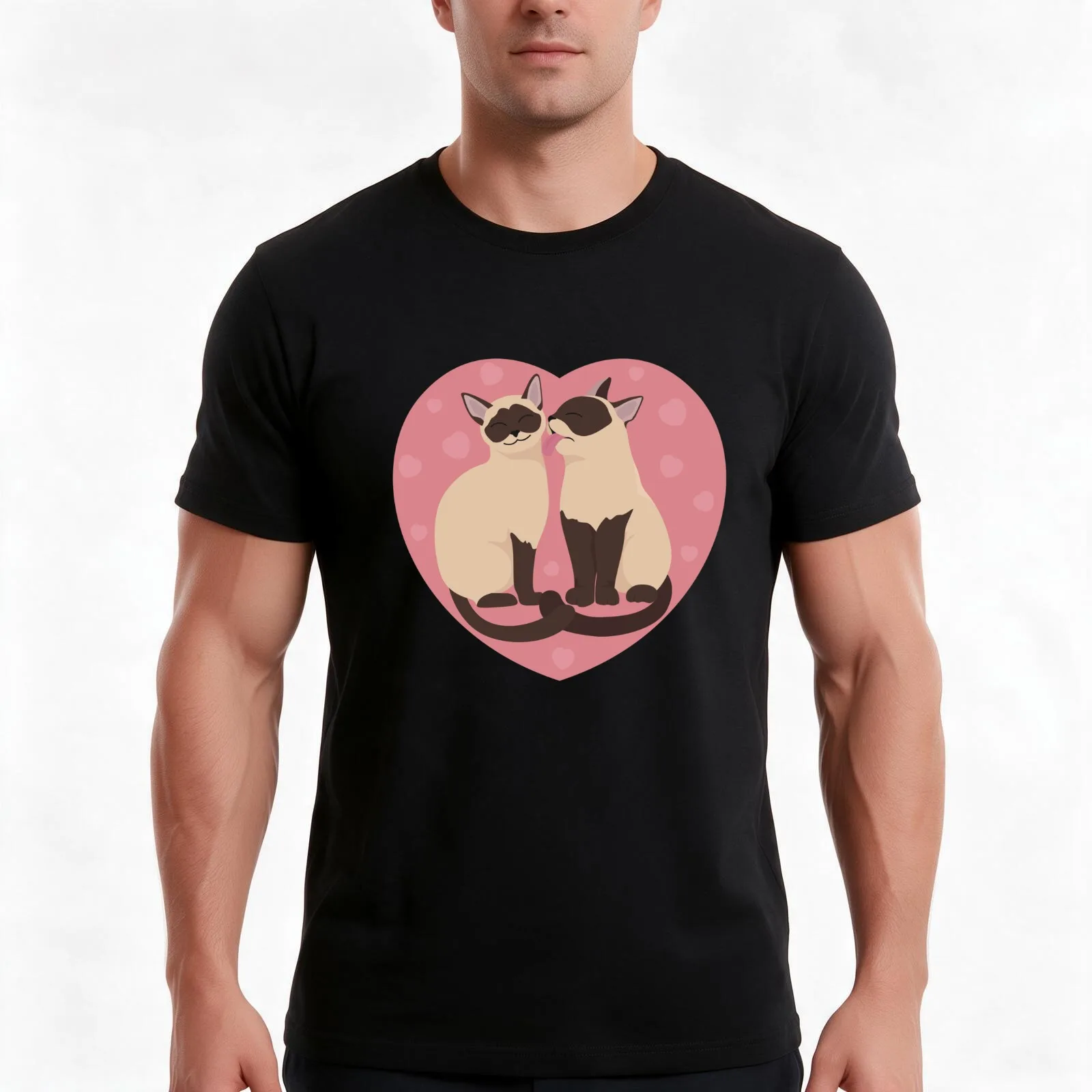 Two Siamese Cats in a Pink Heart T-Shirt Summer Casual Cotton Tee Oversized Streetwear Tops Vintage Graphic Print