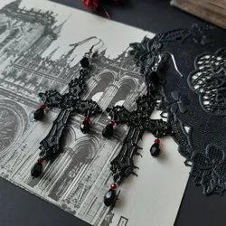 Gothic Black Cross Garnet and Crystal Chandelier Earrings Large Statement Trad Goth Witchy Jewelry Fashion Women Gift Medieval