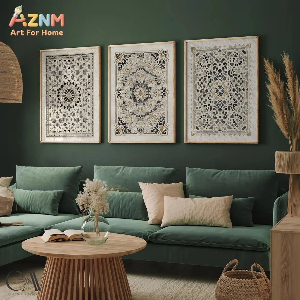 AZNM 3Pcs Neutral Moroccan Geometric Canvas Wall Art, Vintage Islamic Mandala Pattern Print Frameless Canvas Painting,