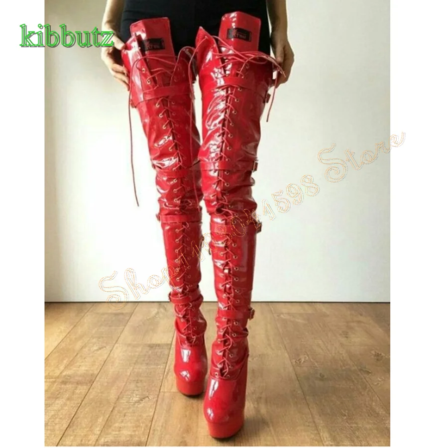 

Patent Leather Lace Up Buckled Boots for Women,Thick Soled Round Toe Stiletto Over The Knee Boots 2023 New Zapatos Para Mujere