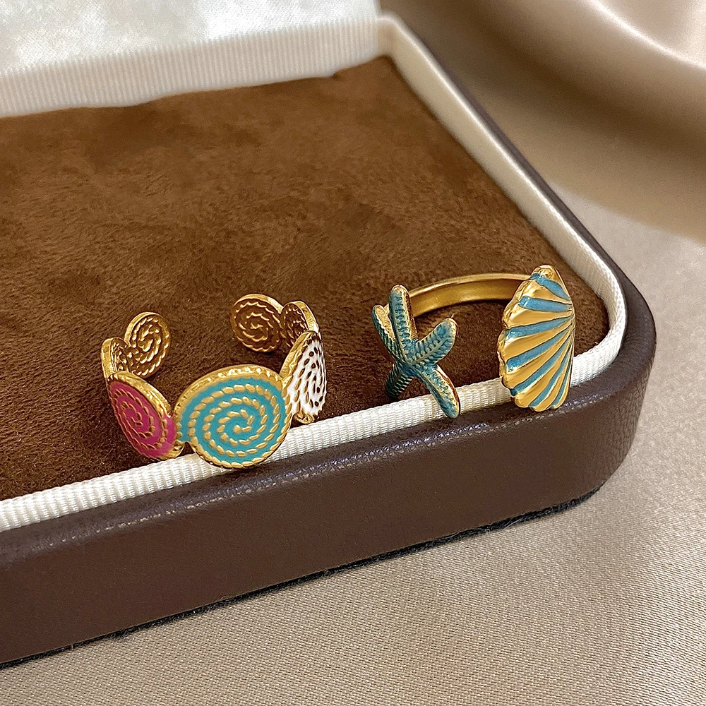 Greatera Fashion 2pcs/Set Colored Screw Thread Starfish Shell Ring Unique Summer Beach Style Women's Rings Jewelry Accessories