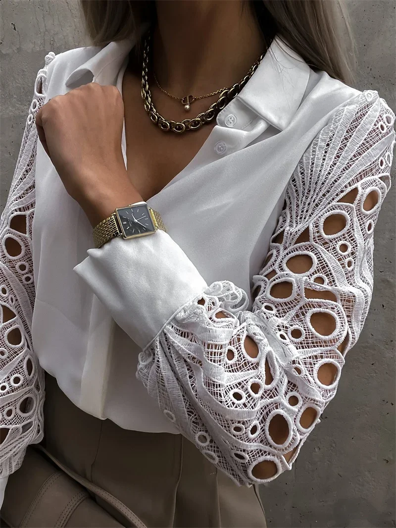 Elegant Hollow Out Lace Long Sleeves Shirt Women Solid Color Single-breasted Cardigan Blouse Female Spring Casual Commuter Tops