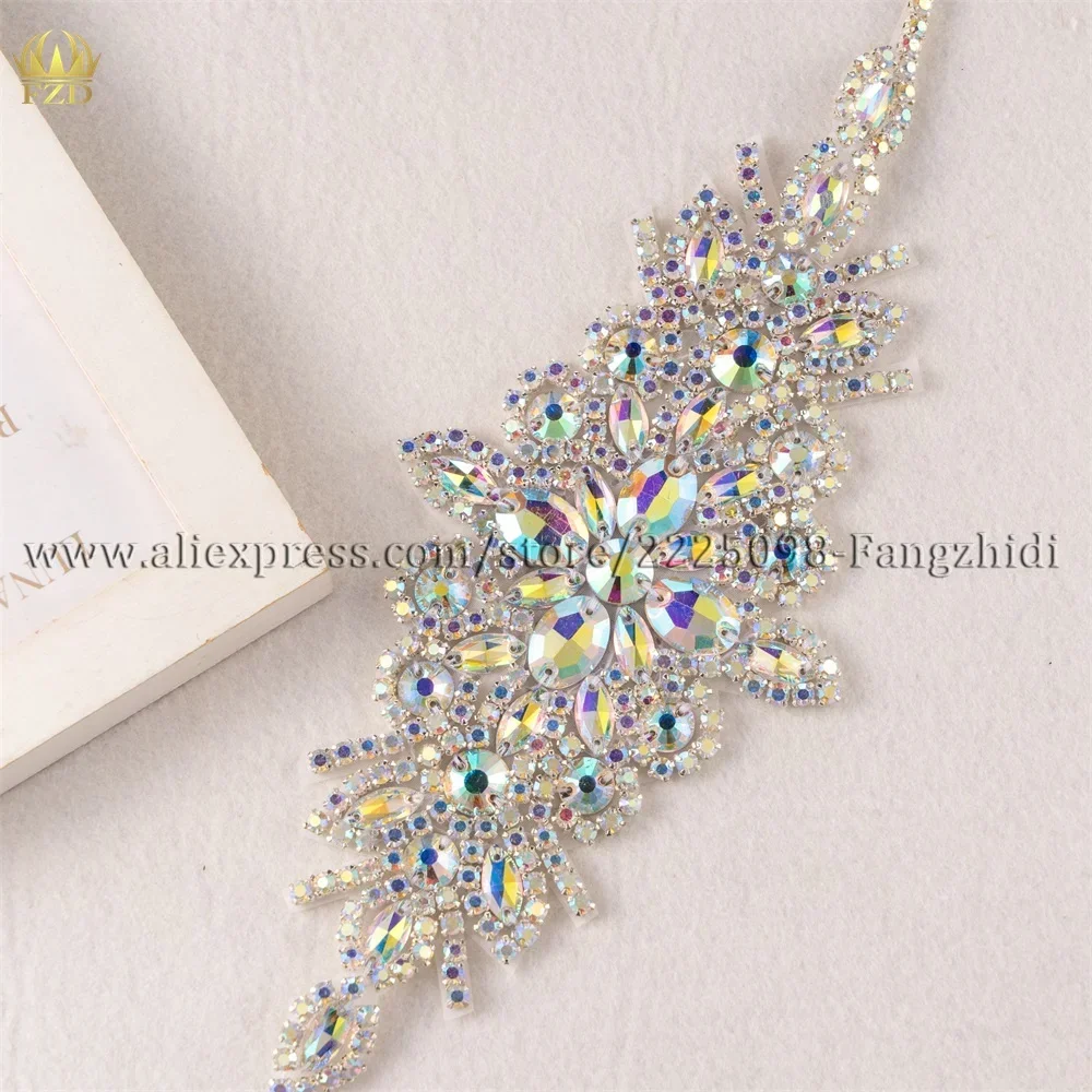 FZD 1 PC AB Sliver Crystal Rhinestone Applique Welding Flower Patch Sew on Wedding Dress Sleeves Accessories Rhinestone Applique