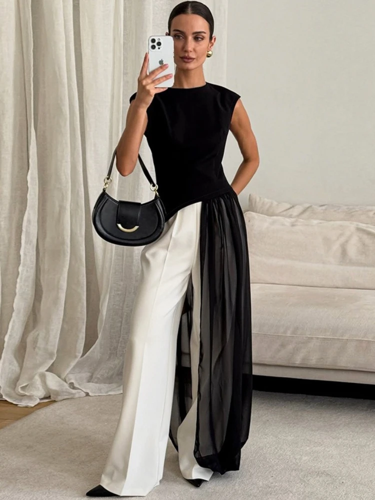 

Tsiisd Fashion Black See-Through Long Dress Women's Commuting Sleeveless Round Neck High Waist Party Dress Female Long Dress New