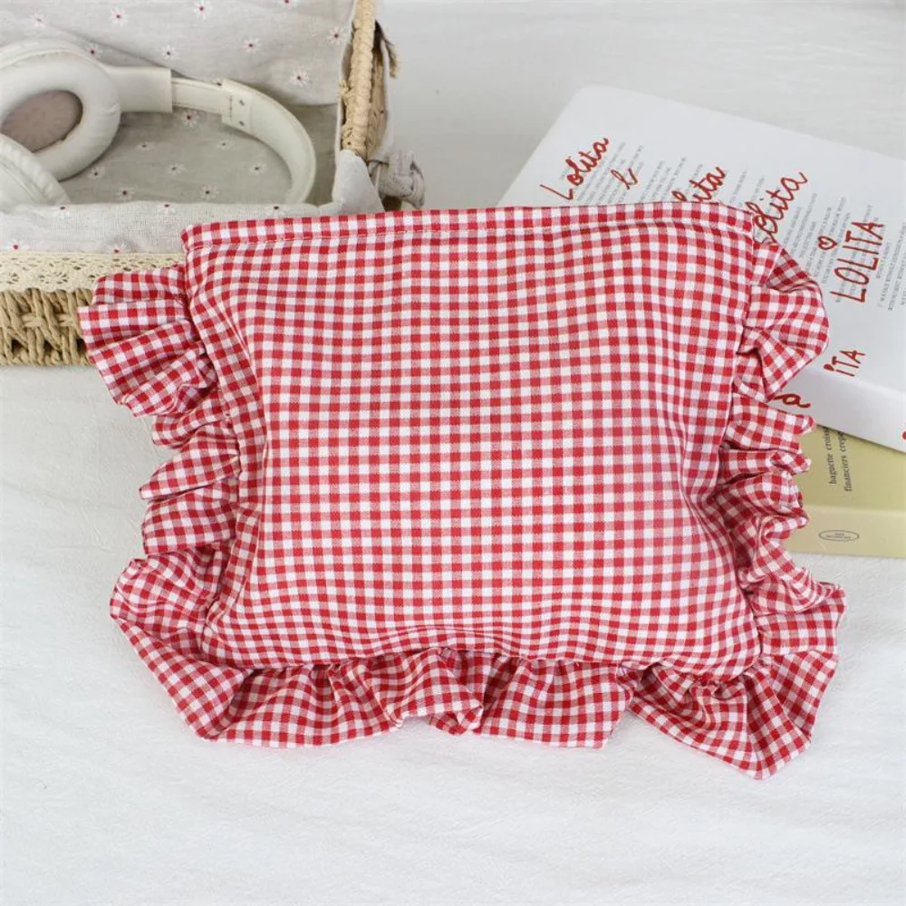 Cute Ruffle Plaid Makeup Bag Large Capacity Portable Cosmetic Pouch Storage Bag Home&Travel
