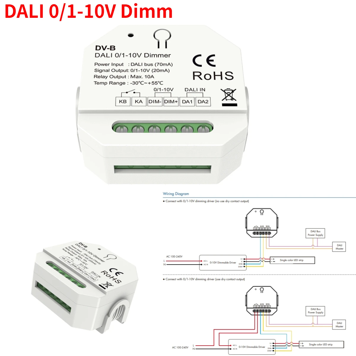 

DALI to 0/1-10V Dimmer DV-B (DT5) AC 100-240V DIN Rail Mount 0-100% Dimming Signal Output 1CH*20mA for Single Color LED Strip