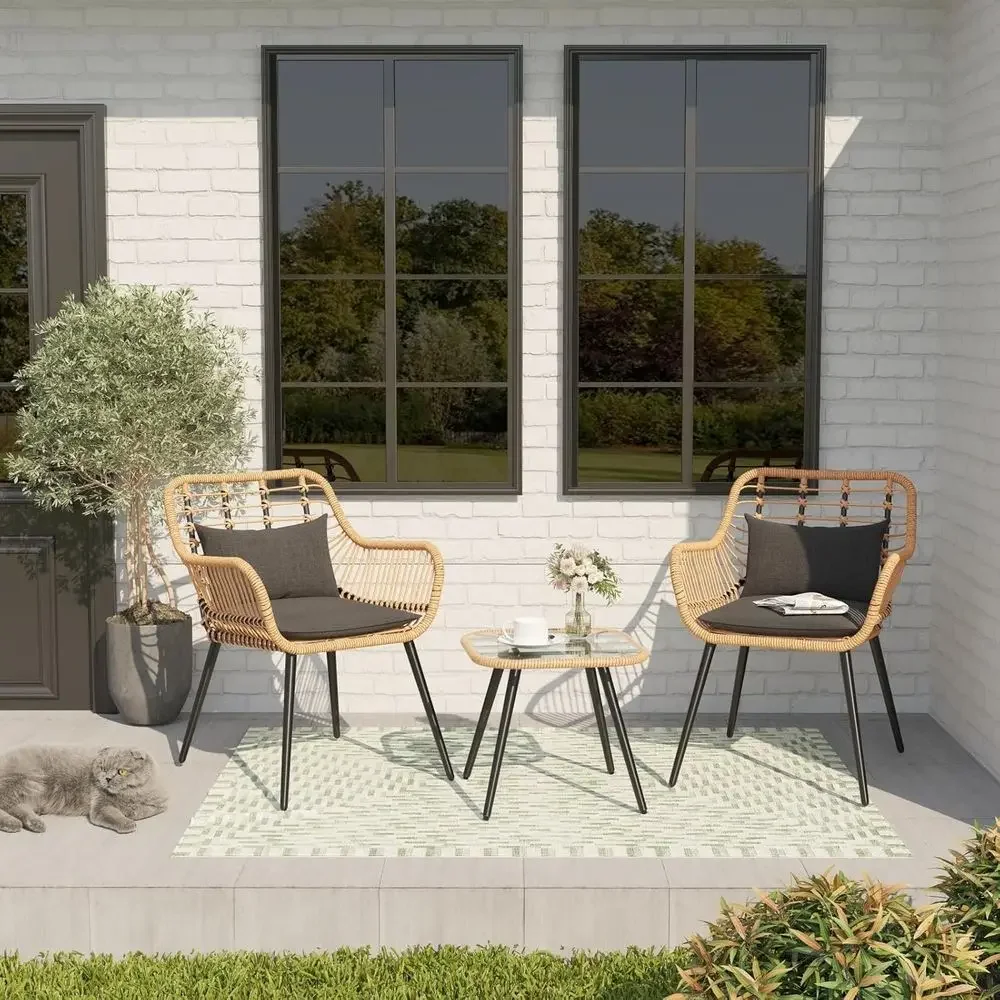 Outdoor Wicker 3-Piece Patio Bistro Set with Glass Top Table and Cushioned Chairs for Balcony, Porch, or Deck view 3