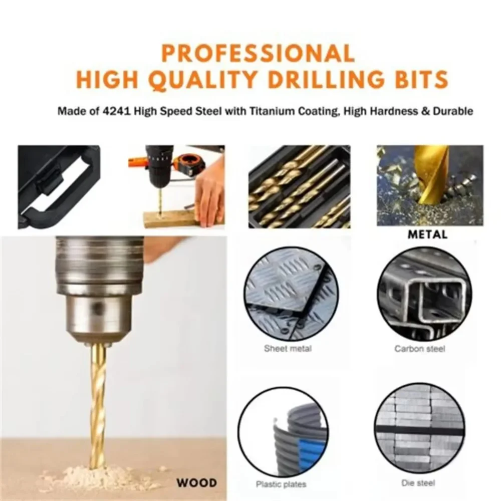99PCS Rust-Proof Twist Drill Bit Kit HSS Titanium Coated 1/4