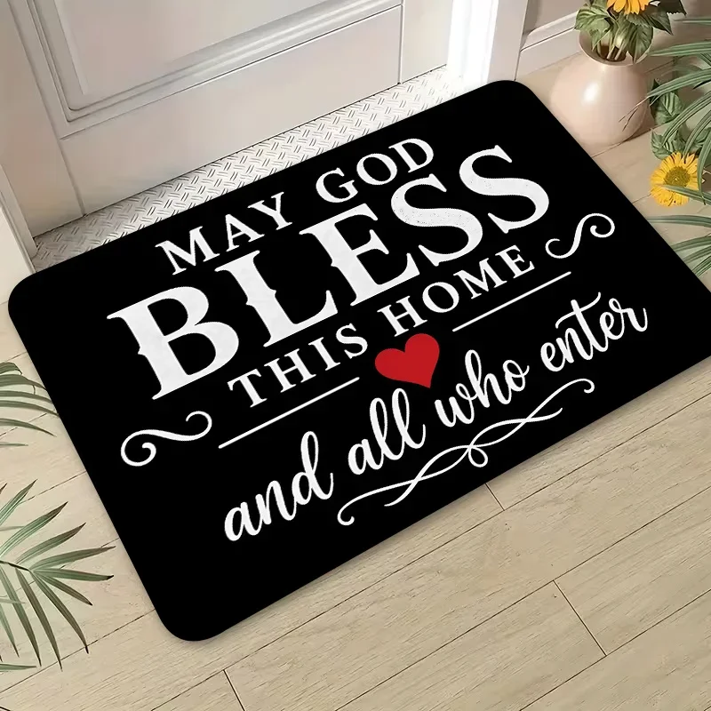 2D Flat May God Bless This Home And All Who Enter Text Heart Flannel Door Mat Non Slip Religious Christian Rug For Entryway