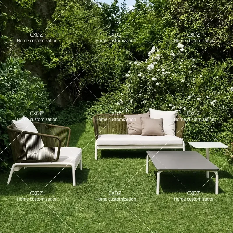 Outdoor Rope Sofa Set 3 Piece Waterproof Sunproof Furniture for Villa Garden Terrace Patio Living Room Homestay Decor