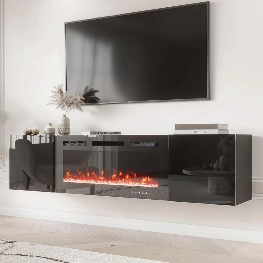 

70'' Wall Mounted Floating TV Stand with Integrated 36'' Electric Fireplace and High Gloss Finish Entertainment Center Featurin