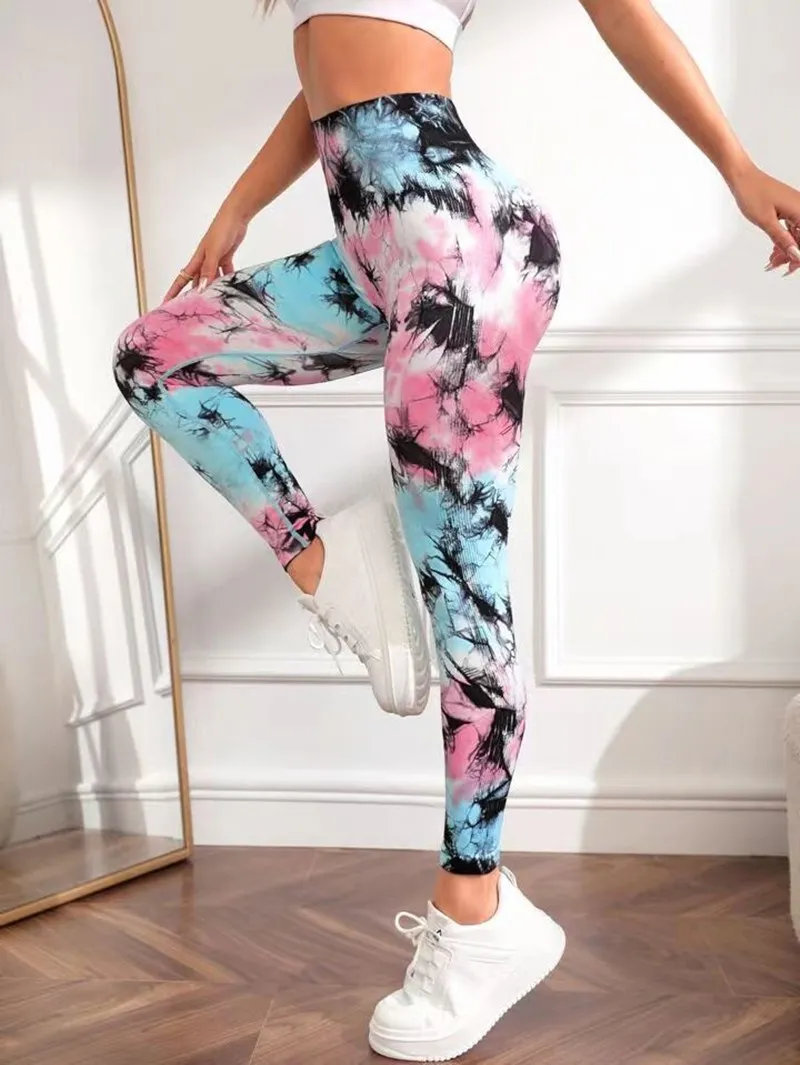 Leggings sem costura Tie Dye para Fitness, Push Up Butt Workout, Calças justas finas de cintura alta, Calças Running, Calças de Yoga Stretchy