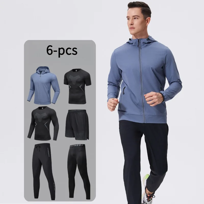 طقم ملابس رياضية للرجال مكون من 6 قطع مع غطاء للرأس قابل للتنفس للتخييم وركوب الدراجات ومعدات تدريب مع جيوب #1