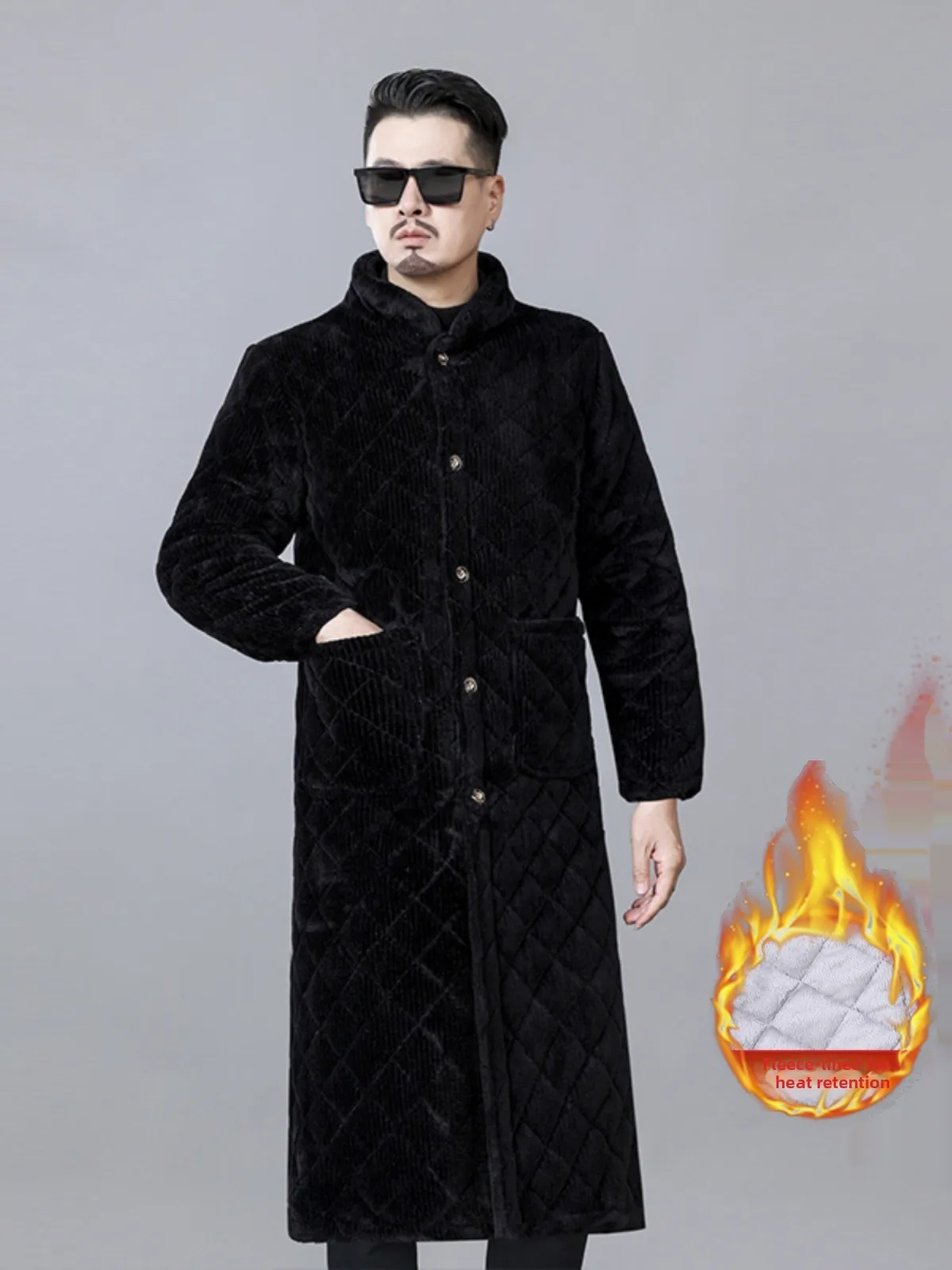 

Warm Fce Lined Casual Long over Knee Men's Workwear Home Clothes Tee Layer Cotton Jaet Stand Collar Waterproof