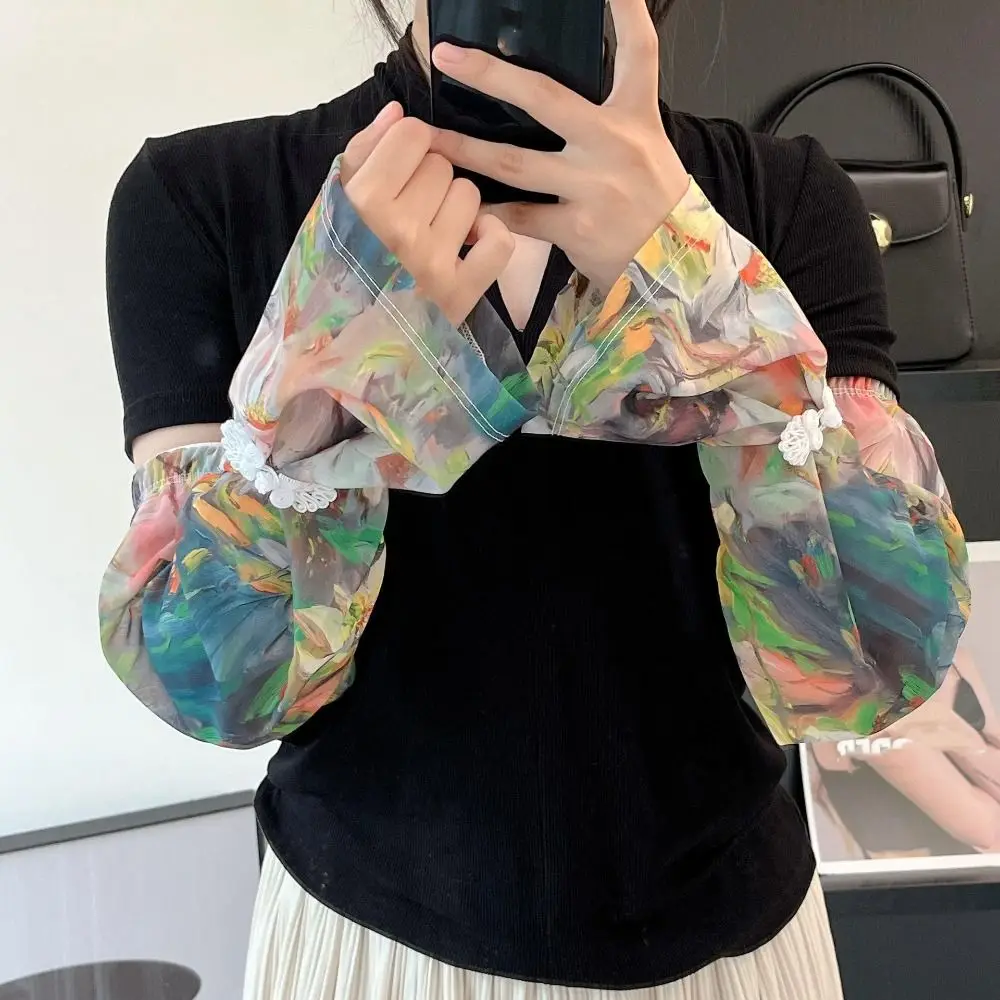 النمط الصيني مشبك مطبوعة الحرير الجليد الأكمام المضادة للأشعة فوق البنفسجية الأشعة فوق البنفسجية العزل الشيفون واقية من الشمس كم طويل الأكمام قفاز زهرة