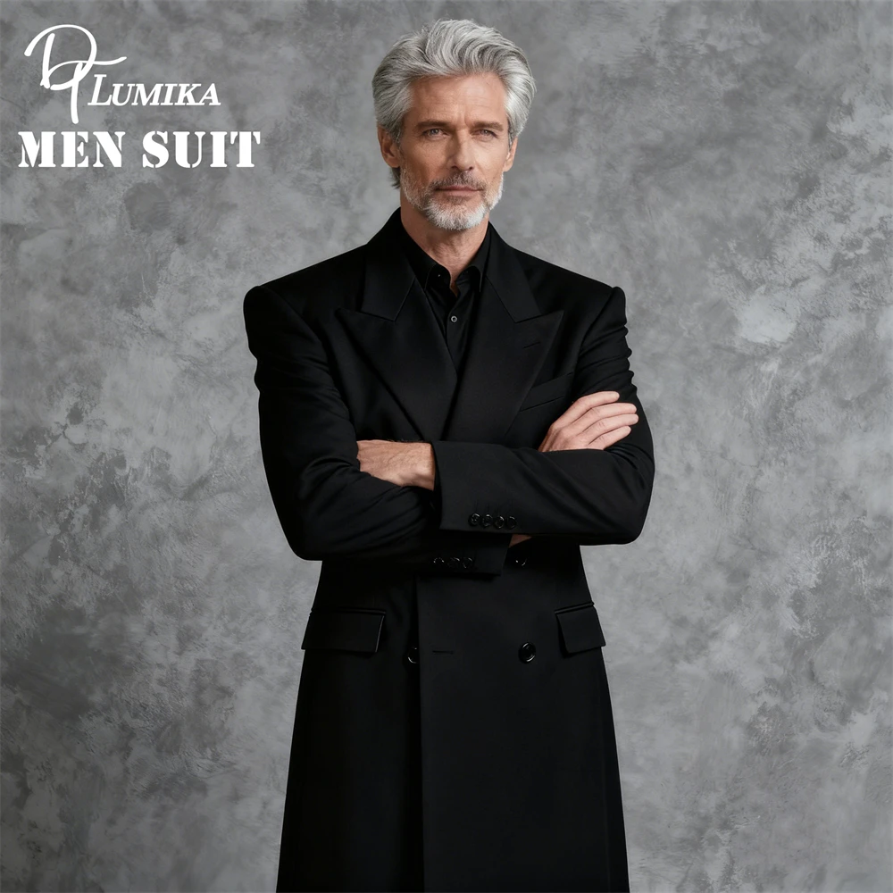 DTLumika- معطف بدلة رائع بكتف عريض للرجال، سترة بدلة طويلة مزدوجة الصدر، XXS-7XL بدلة رسمية للرجال باللون الأسود #3