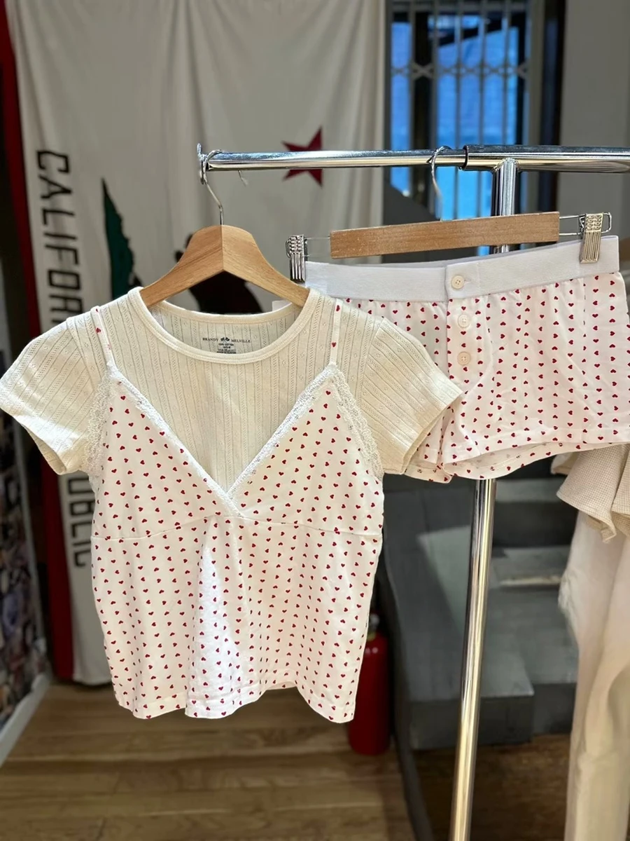 

Cute Heart Print Lace Trim Camis Tops Summer Women Casual Sweet Cotton Two Piece Set Female Vintage Y2K Streetwear Chic Clothes