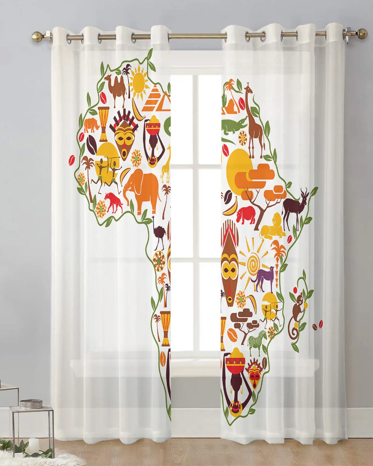 Africa Elephant Hippo Lion Deer Sun Tulle Curtain Living Room Printed Sheer Window Curtain Luxury Balcony Decor Voile Drapes