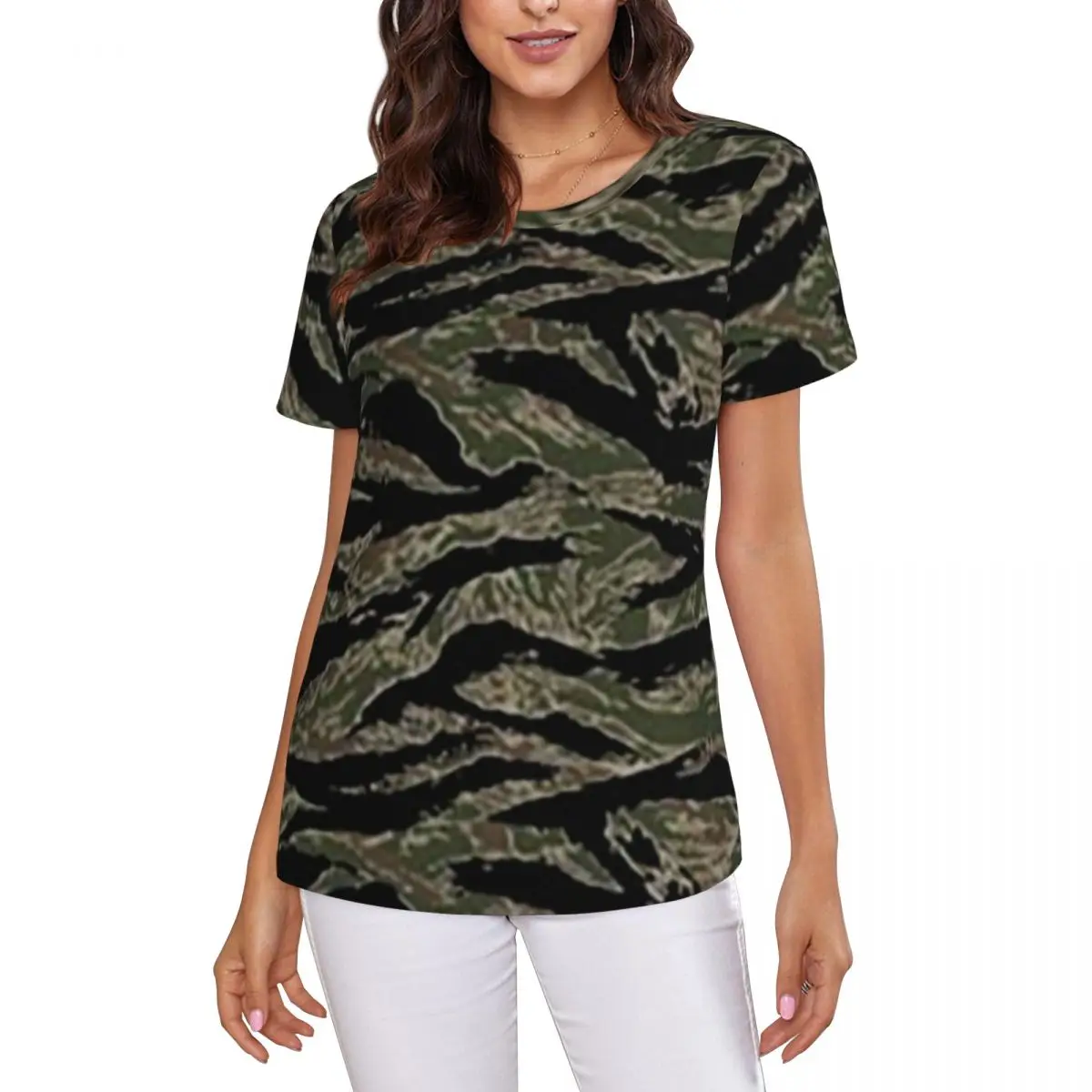 Tiger Stripe Camouflage Military Camo T-Shirt Women Short Sleeve T Shirts O-Neck Clothing Cotton Summer Tees Streetwear