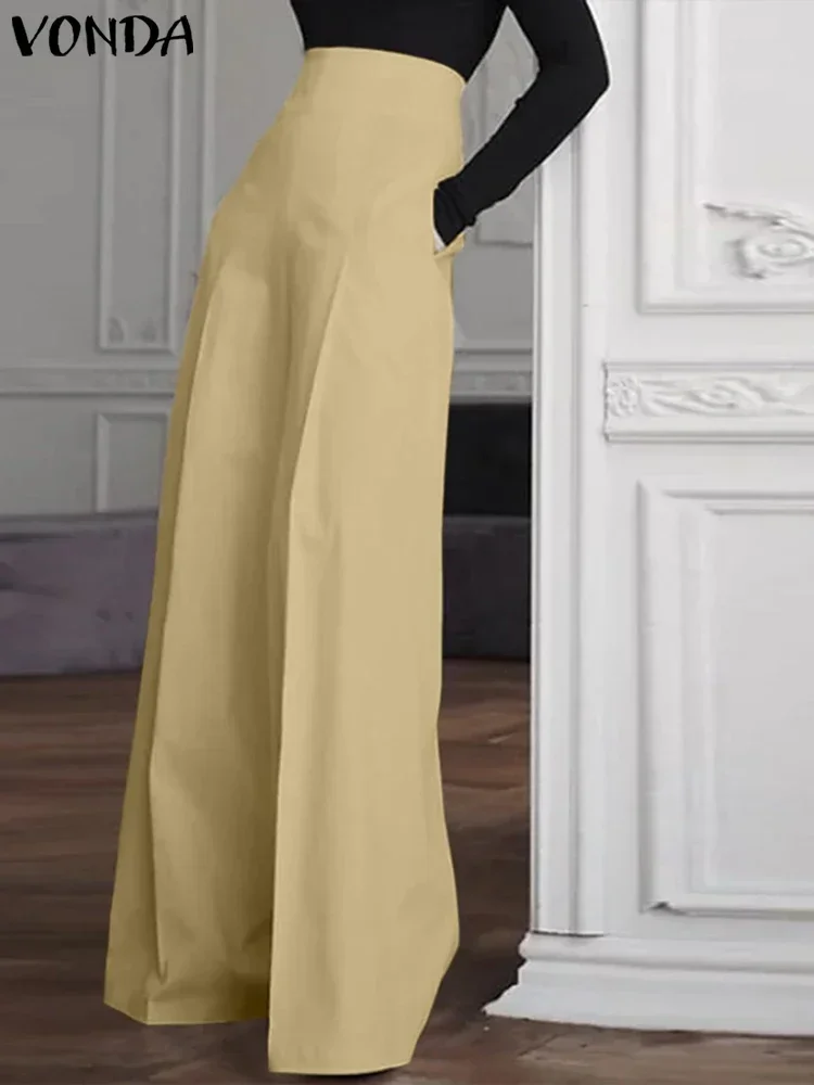 VONDA Women Fashion Elegant OL Office Trousers 2024 High Waist Wide Leg Pants Summer Zipper Casual Solid Pantalon Long Palazzo