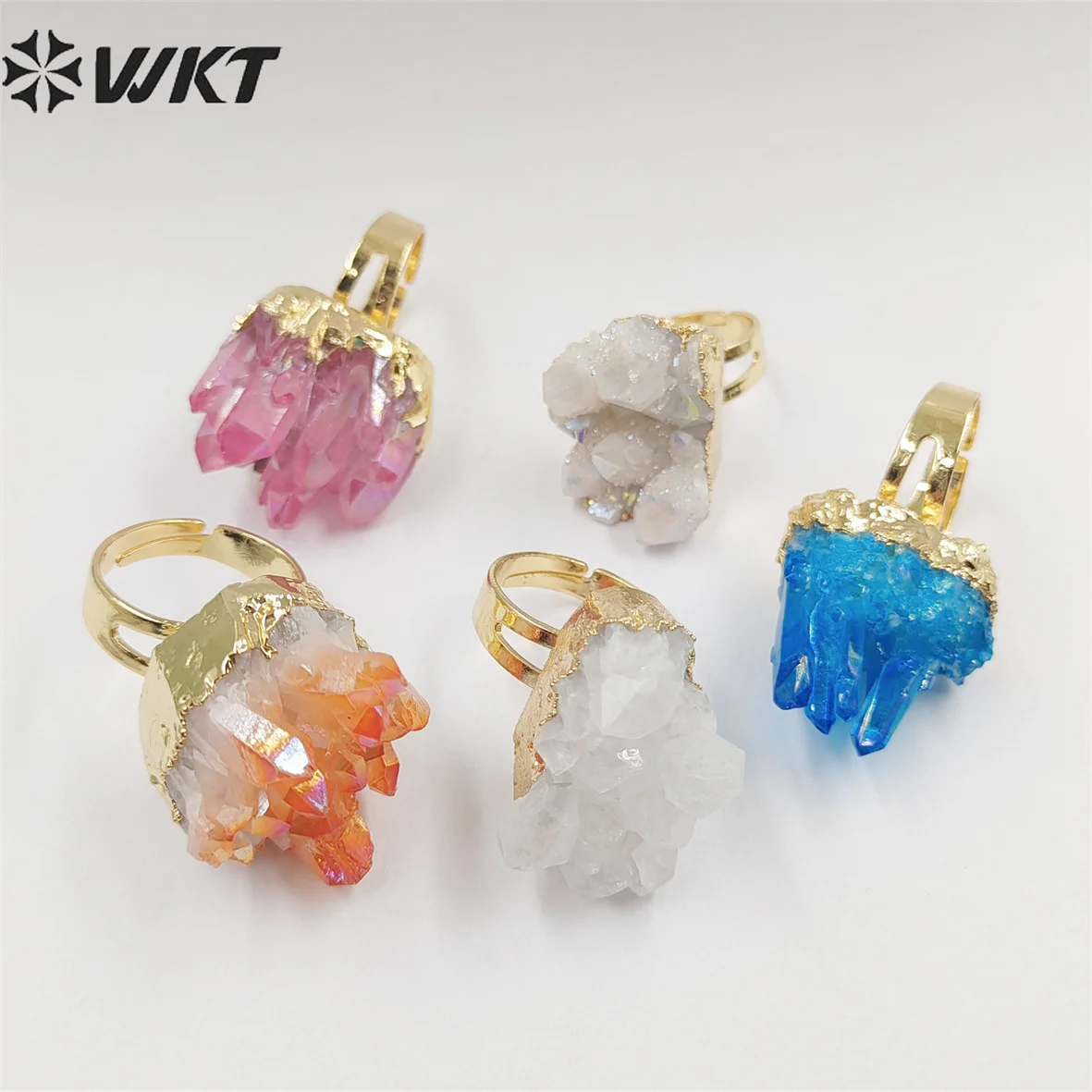 

WT-R244 Mixed color crystal quartz ring jewelry fashion aqua aura ring crystal quartz cluster aura ring in randomly shape