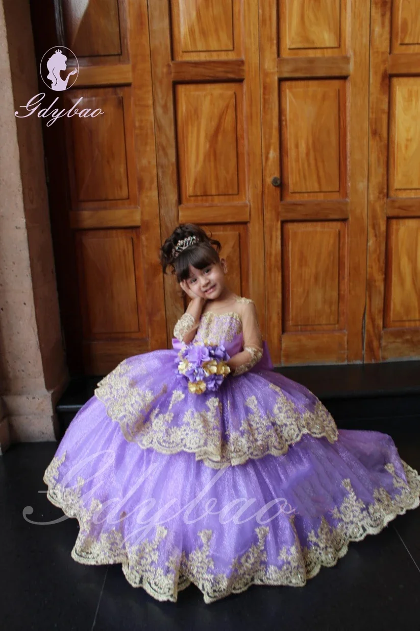 Customized Sparkling Flower Girl Dress for Wedding Lavender Lace Applique with Bow Kids Birthday Party First Communion Ball Gown