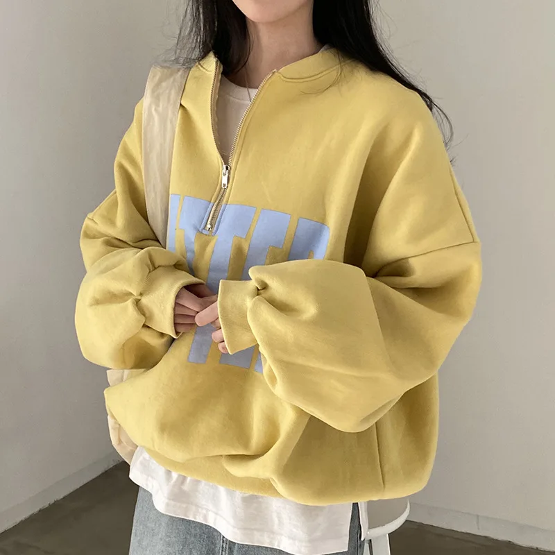 Sweat-shirt minimaliste Chic coréen, sweat-shirt imprimé de lettres à blocs de couleurs, sweat-shirt ample à col montant, pull décontracté à manches longues