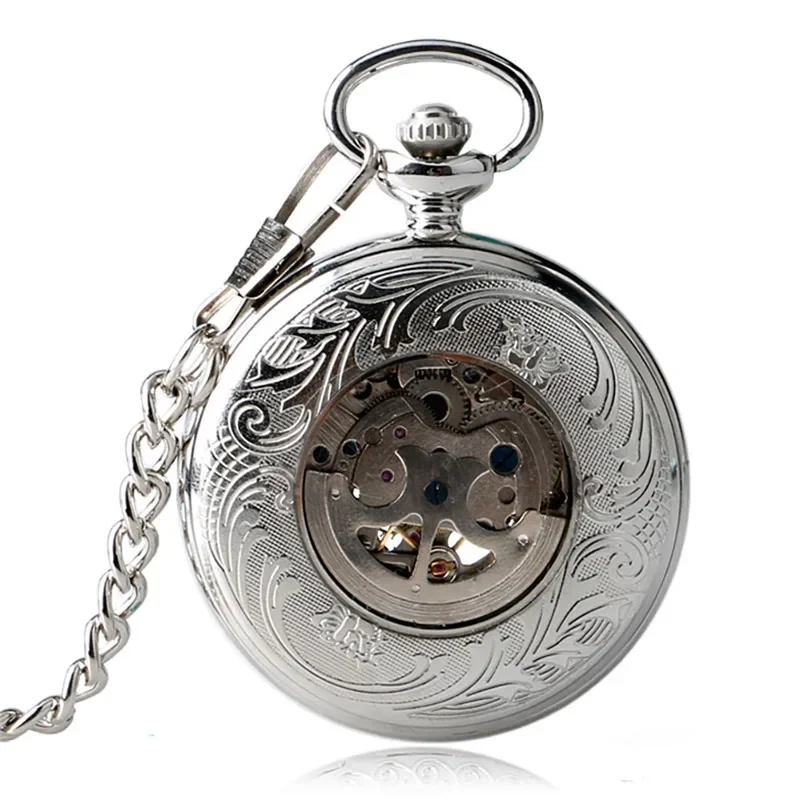 Silver Skeleton Clock Men Women Automatic Mechanical Pocket Watch Hollow Sun Flower Roman Numeral Pendant Chain Relogio de bolso