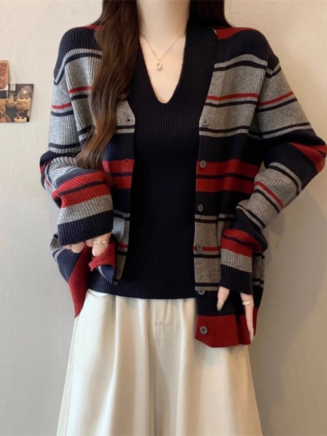 

Fall Winter plus Size Knitted V-Ne Striped Open Cardigan And Tank Top Set Casual Wear Full Coverage Autumn Winter Clothes