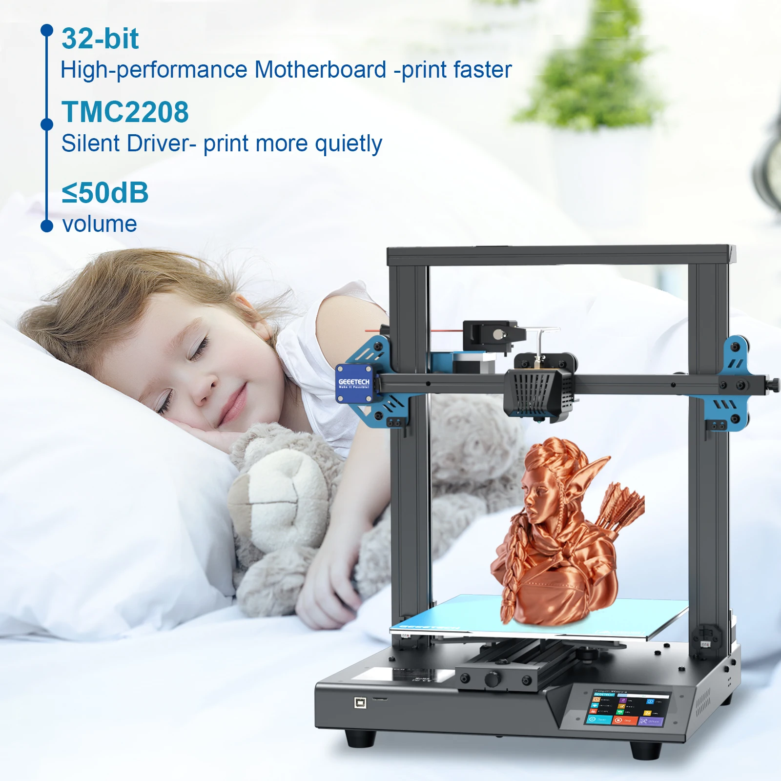 GEEETECH midar S – imprimante 3d, extrudeuse à double engrenage et lit chauffant fixe à axe Z avec nivellement automatique, fonctionne bien avec de nombreux filaments, TMC2208