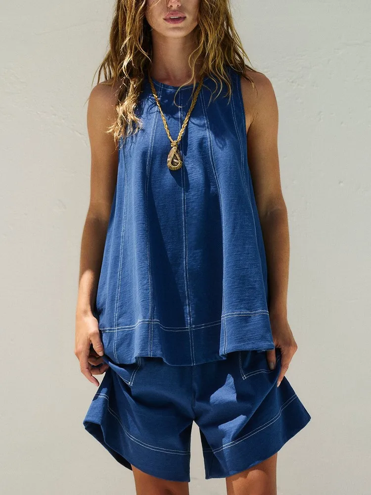 

Women fashion Loose Shorts Set 2025 Summer Striped Sleeveless O-neck Vest Wide Leg Elastic Waist Short Pants 2 Pieces Jeans Suit