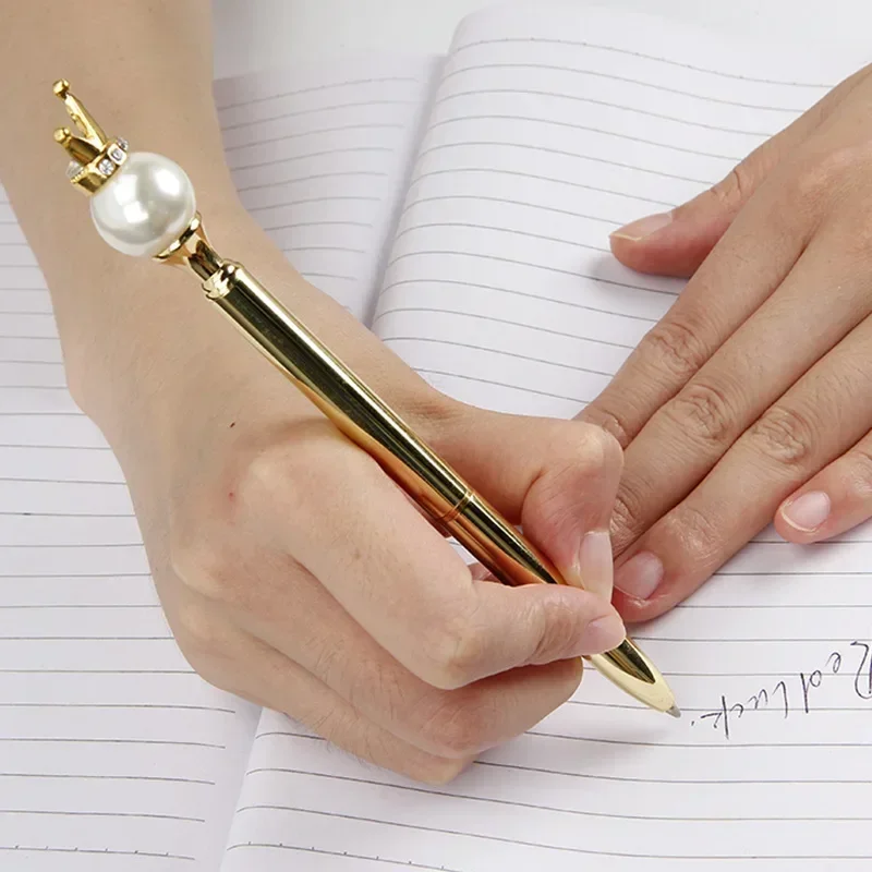 A 10PCS New Pearl Crown Metal Pen Business Office Korea Creative Stationery Wholesale Spinning Oily Ballpoint Pen