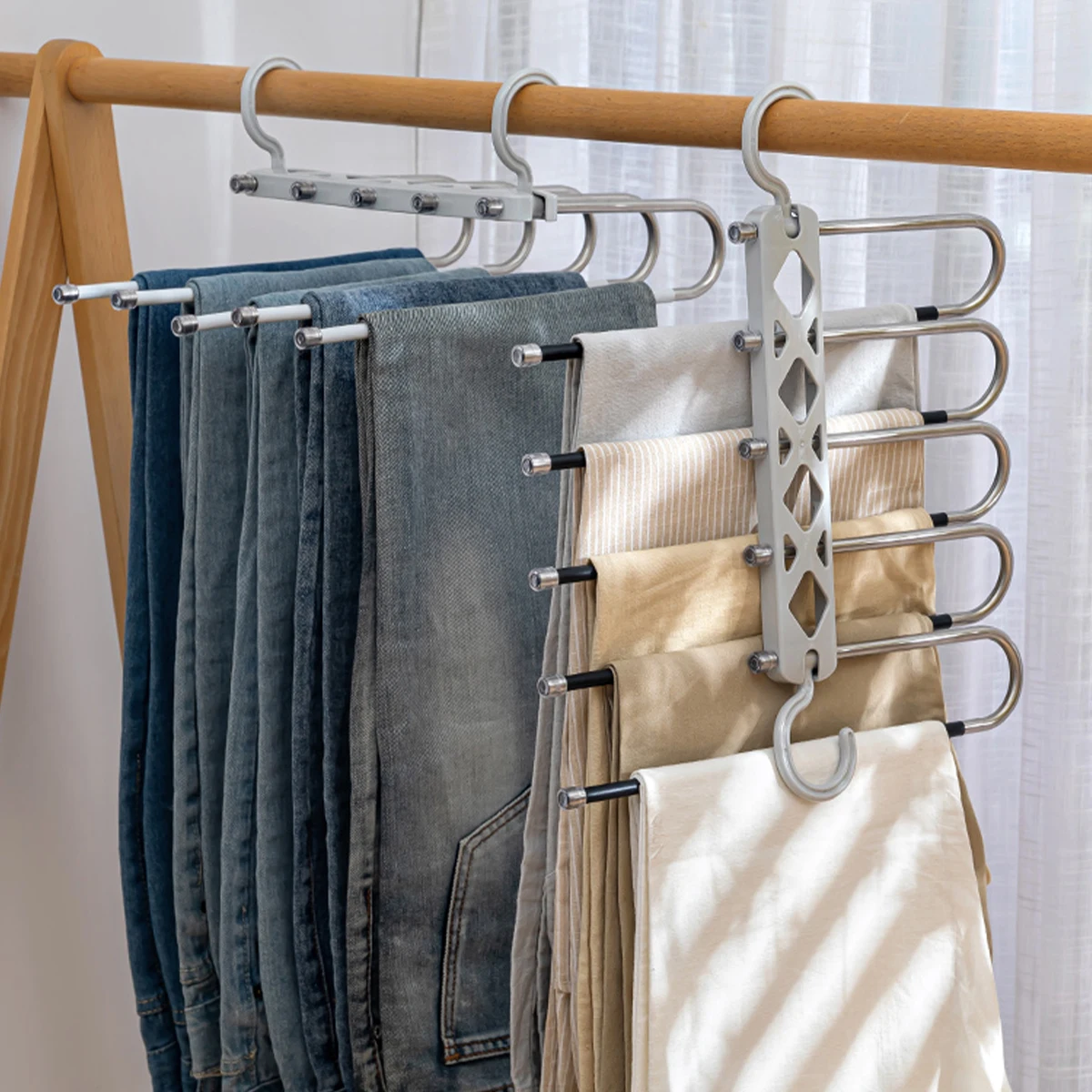 Stainless Steel Retractable Trouser Rack Folding Multi-functional Multi-layer Hanger Home Storage Clothes Drying Rack