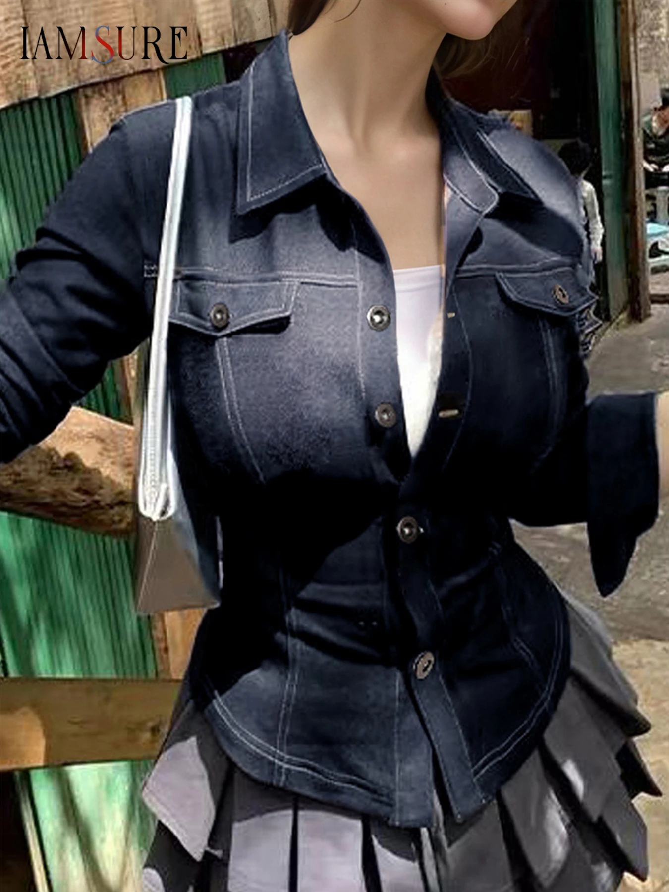 

IAMSURE Casual Pockets Fake Denim Blouse Slim Turn-Down Collar Long Sleeve Shirts Women 2025 Autumn Spring Fashion Streetwear