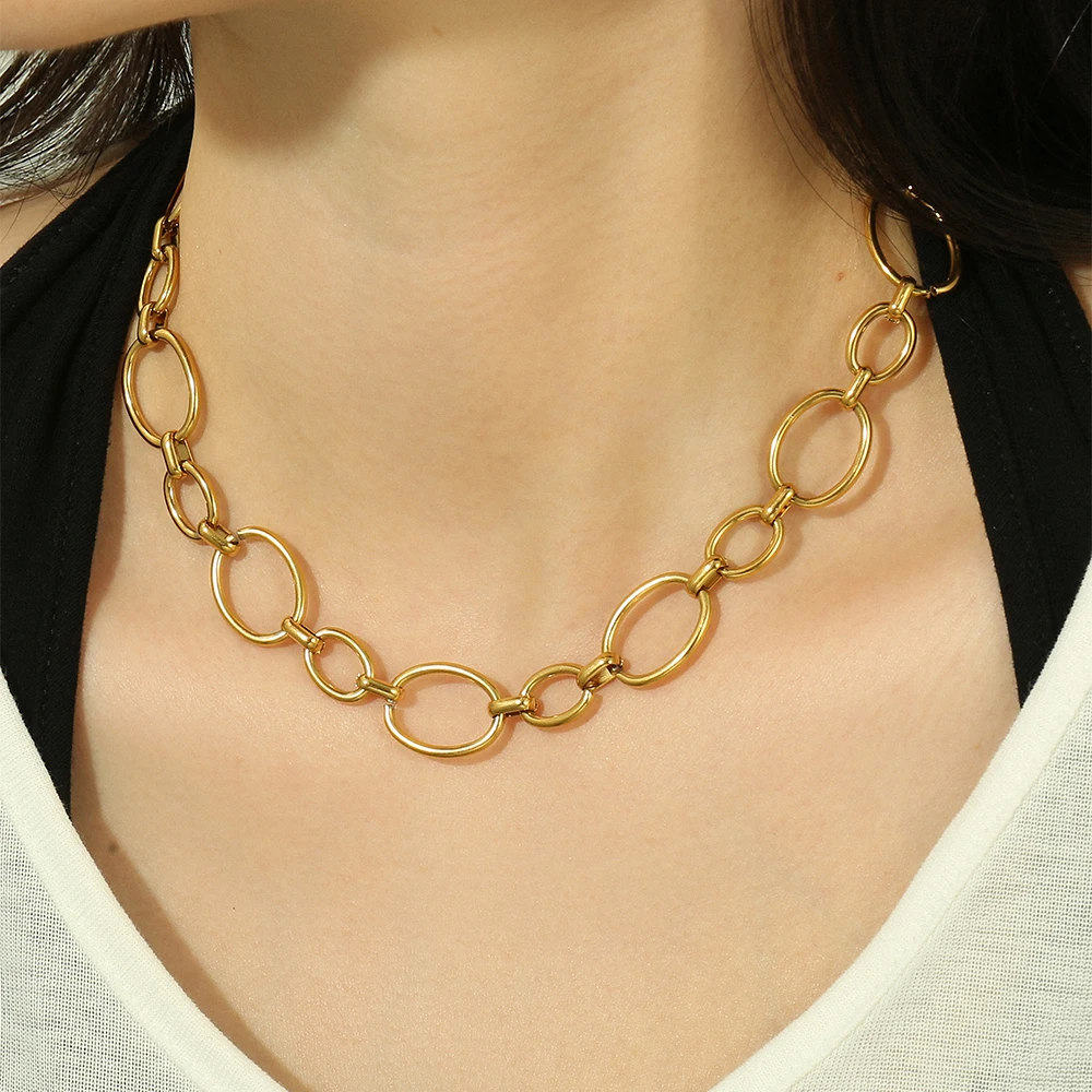 Badu Minimalist Stainless Steel 18K Gold Plated Oval Chain Necklace Gift Thick Link Chain Handmade Choker Jewelry