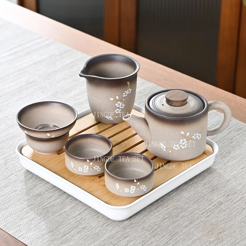 Rustic Matte Ceramic Tea Pot Kit Hand-painted Plum Floral Full Tea Set with Pitcher Filter Small Teacups Teaware Sets Gift