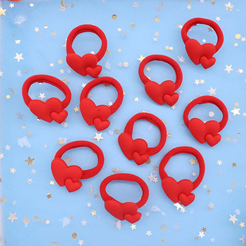 2Pcs/Set Red Heart Shaped Hair Accessories Children Rubber  Bands Scrunchies Elastic  Hair Bands Girls Headband Decorations Ties