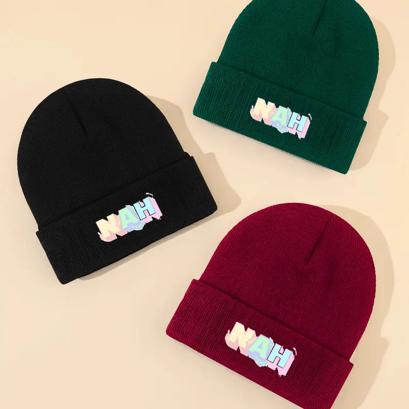 Chapéu de malha unissex ao ar livre, design urbano, estampa de letras de desenho animado, chapéu de malha quente