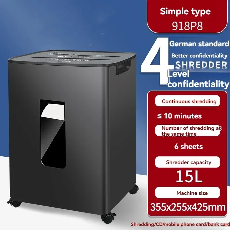 Automatic office and home paper shredder; a compact unit (15L) featuring card shredding and high-security shredding capabilities