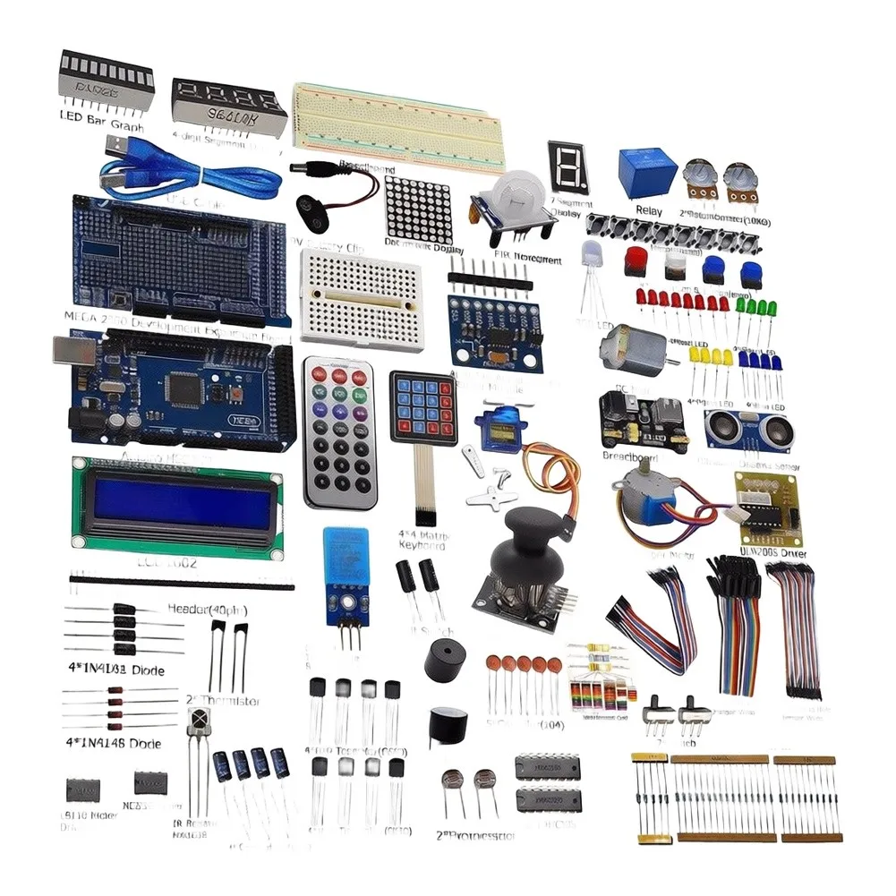 For Arduino For Mega2560 Based STEM Learning Kit with Breadboard Power Supply Cables Resistors Capacitors and Sensor Modules
