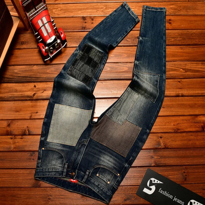 Autumn Vintage Jeans for Men Slim Fit Patchwork Trendy Street Fashion Personality Retro Long Pants