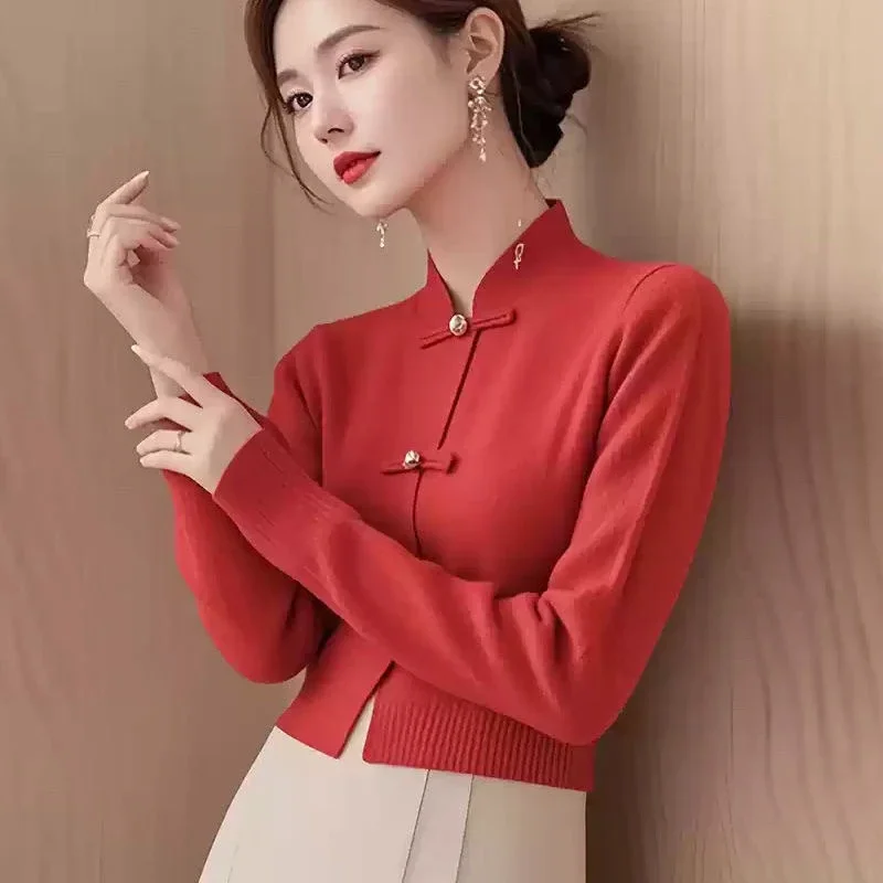 

Элегантная женская блузка в китайском стиле с воротником-стойкой и пуговицами для весенней и осенней одежды