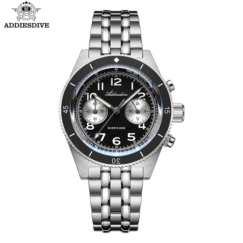 ADDIESDIVE Men Watches 200M Waterproof Bubble Mirror Sapphire BGW9 Super Luminous Multifunctional Chronograph Panda Quartz Watch