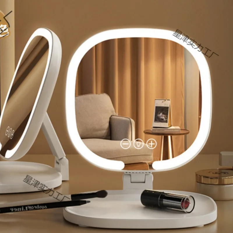 Iluminado dobrável espelho de maquiagem portátil mesa viagem ajustável brilho led recarregável compacto para mulheres adolescentes dormitório casa