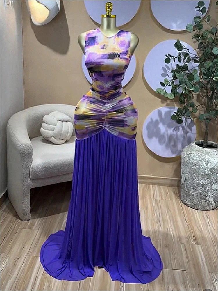 Sexy Women Printed Ruched Stacked Sleeveless Long Maxi Dress 2026 Summer Evening Party Beach Vacation Sexy Dresses Vestido